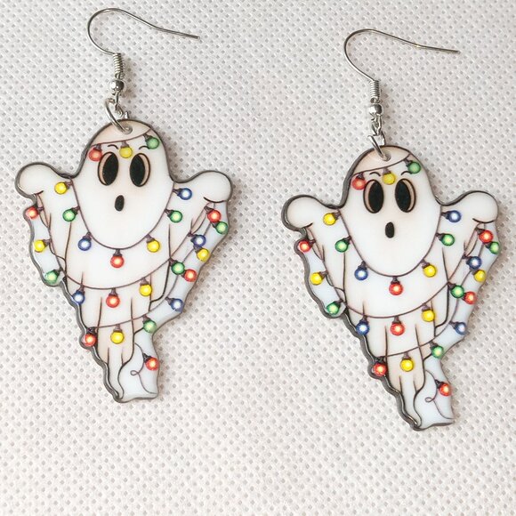 Cute Spooky Christmas Ghosts Earrings, Holiday Ghost Earrings, Acrylic Earrings - Picture 9 of 9